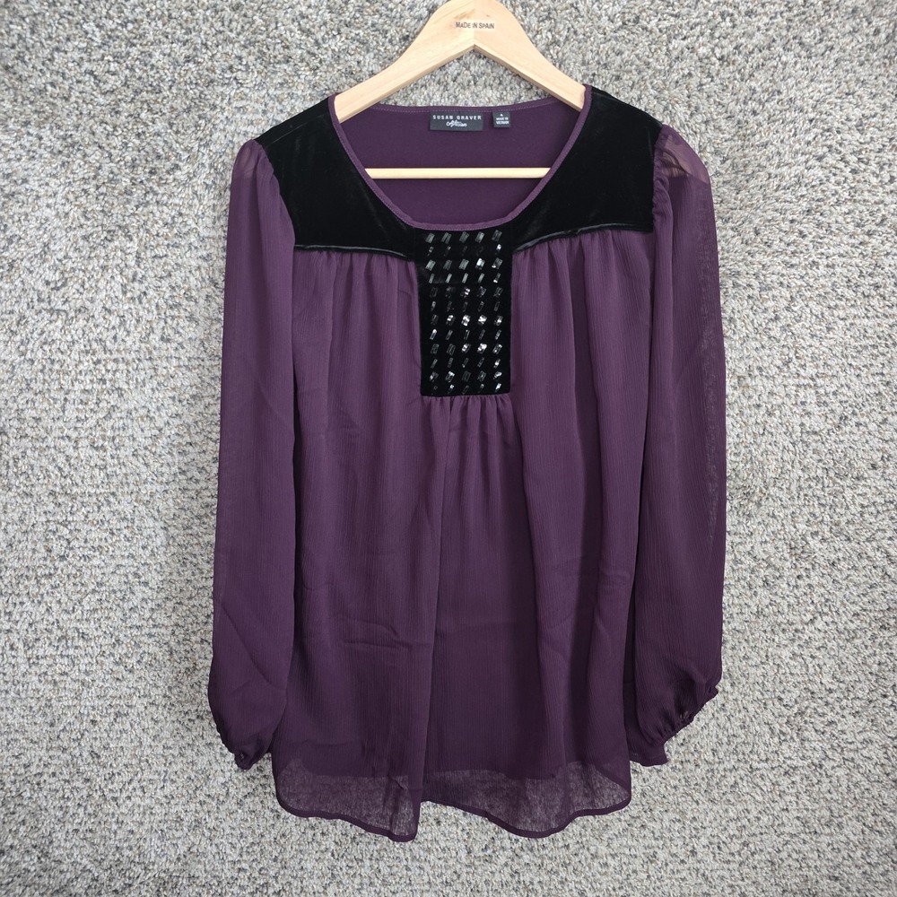 Susan Graver Top Womens 4 Purple Artisan Long Sleeve Blouse Velvet Accent